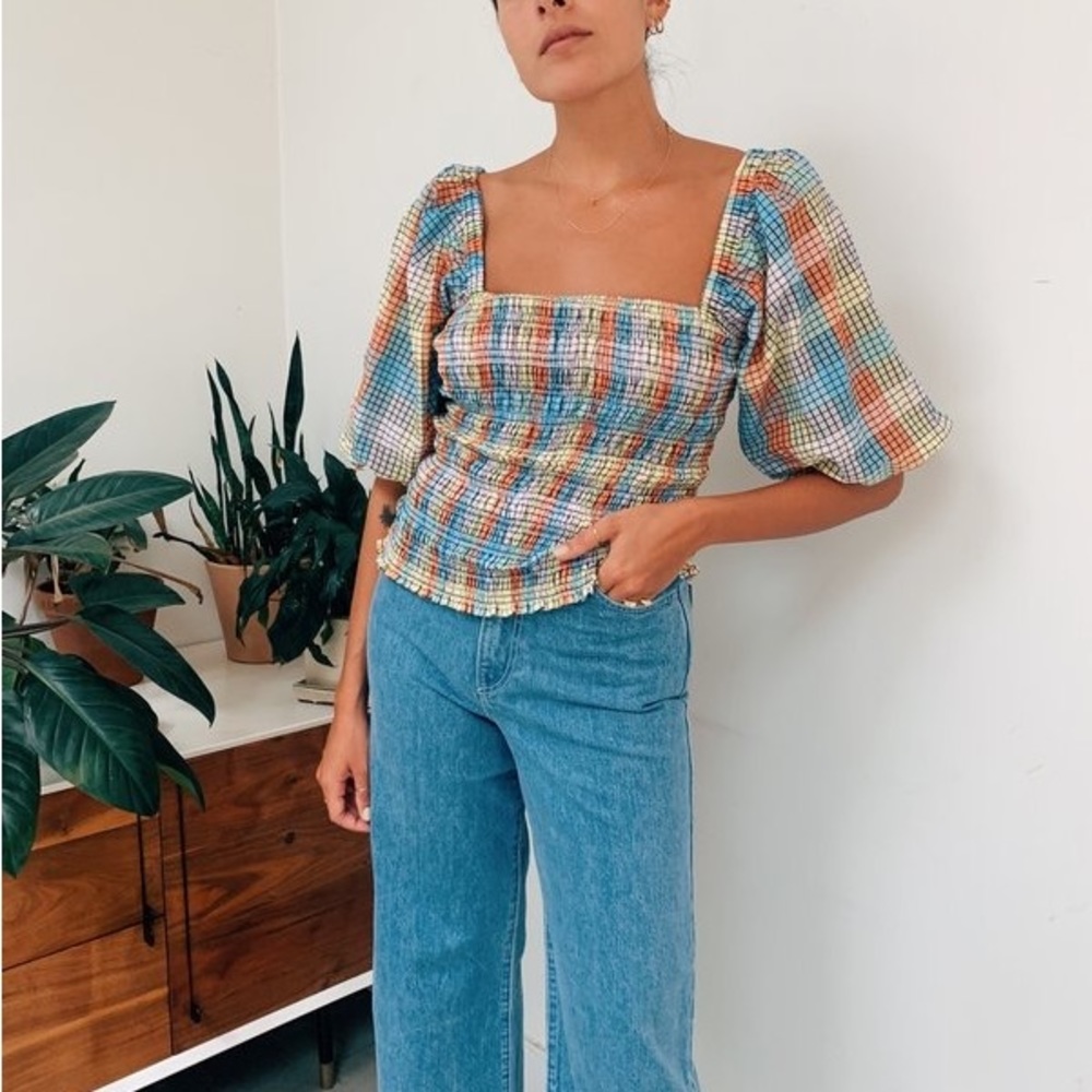 GANNI Shirred checked cotton-blend seersucker blouse